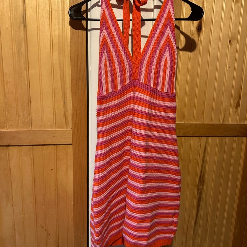 Designer Stitch & Pine Orange Baby Pink Crochet Halter Dress